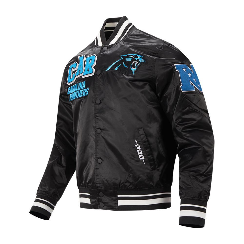 NFL CAROLINA PANTHERS MASH UP MEN'S RIB SATIN JACKET (BLACK)