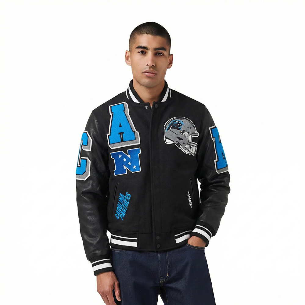 NFL CAROLINA PANTHERS MASH UP MEN'S RIB WOOL VARSITY JACKET (BLACK)