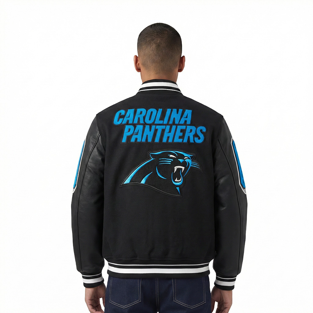 NFL CAROLINA PANTHERS MASH UP MEN'S RIB WOOL VARSITY JACKET (BLACK)