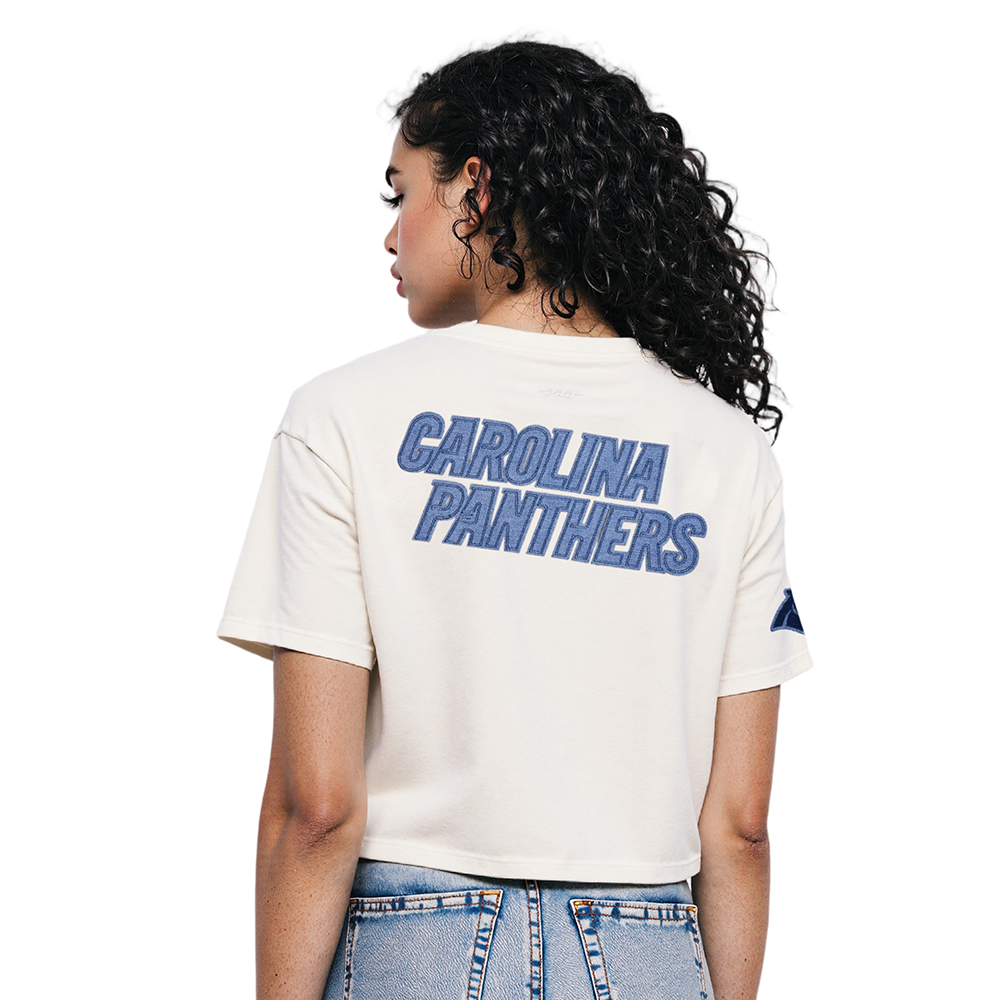 NFL CAROLINA PANTHERS VARSITY BLUES T-SHIRT EN JERSEY SIMPLE À COUPE CARRÉE POUR FEMME (LIN)