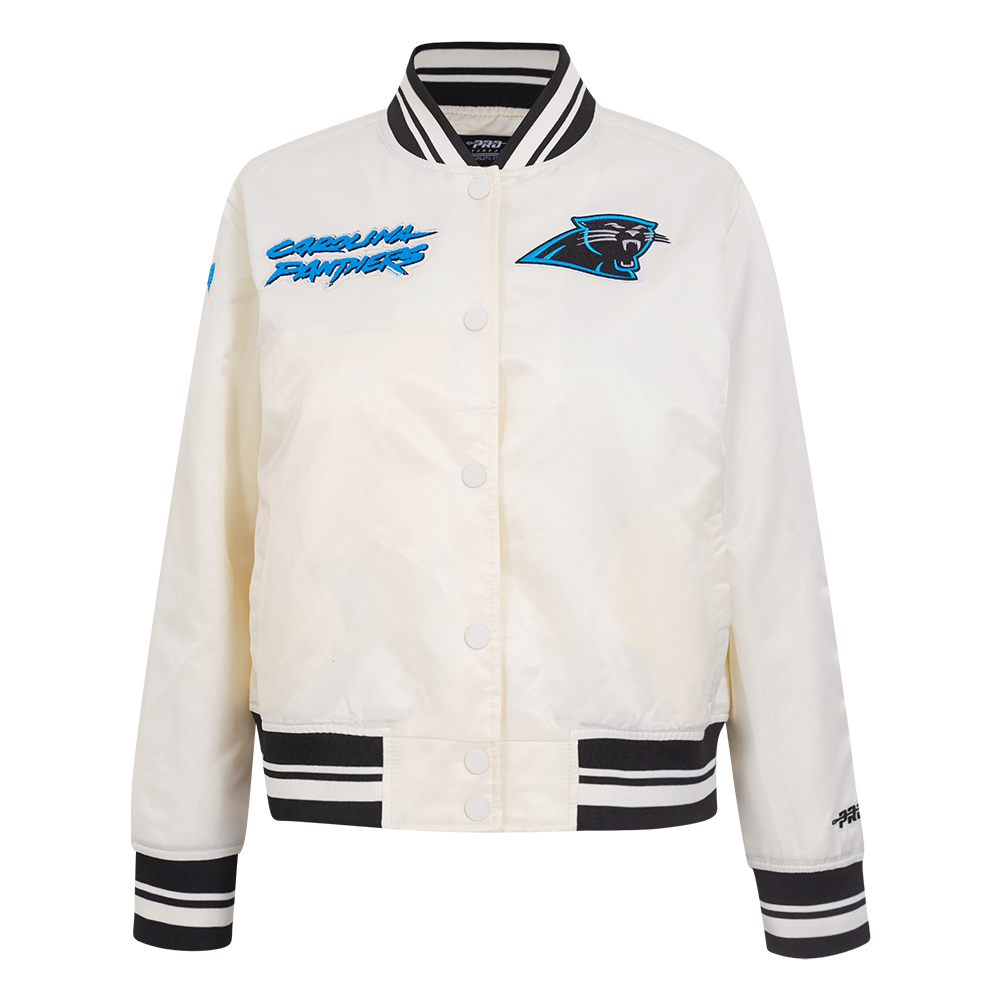 NFL CAROLINA PANTHERS RETRO CLASSIC BLOUSON EN SATIN À BORDS CÔTELÉS POUR FEMME (COQUILLE D'ŒUF/NOIR)