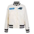 NFL CAROLINA PANTHERS RETRO CLASSIC BLOUSON EN SATIN À BORDS CÔTELÉS POUR FEMME (COQUILLE D'ŒUF/NOIR)