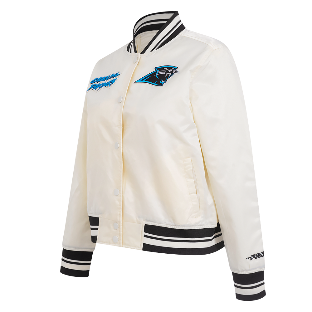 NFL CAROLINA PANTHERS RETRO CLASSIC BLOUSON EN SATIN À BORDS CÔTELÉS POUR FEMME (COQUILLE D'ŒUF/NOIR)