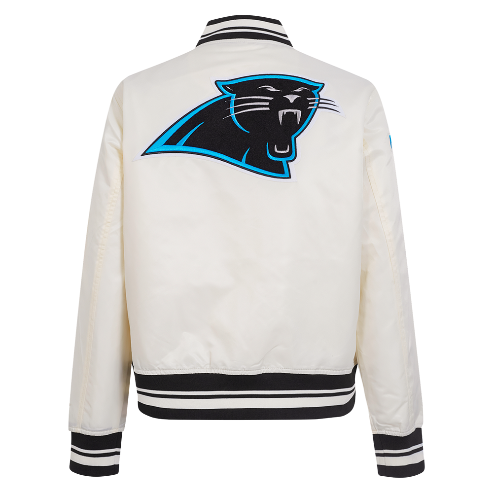 NFL CAROLINA PANTHERS RETRO CLASSIC BLOUSON EN SATIN À BORDS CÔTELÉS POUR FEMME (COQUILLE D'ŒUF/NOIR)