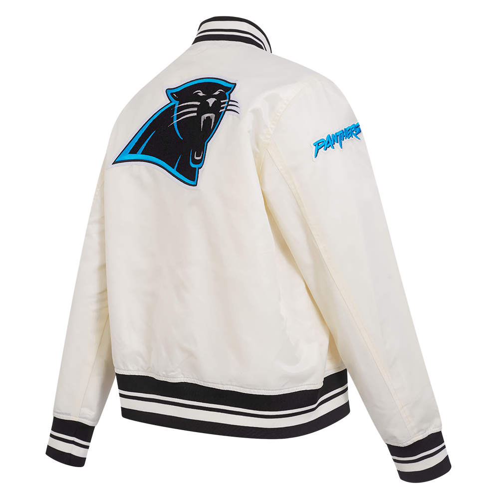 NFL CAROLINA PANTHERS RETRO CLASSIC BLOUSON EN SATIN À BORDS CÔTELÉS POUR FEMME (COQUILLE D'ŒUF/NOIR)