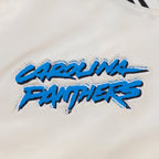NFL CAROLINA PANTHERS RETRO CLASSIC BLOUSON EN SATIN À BORDS CÔTELÉS POUR FEMME (COQUILLE D'ŒUF/NOIR)
