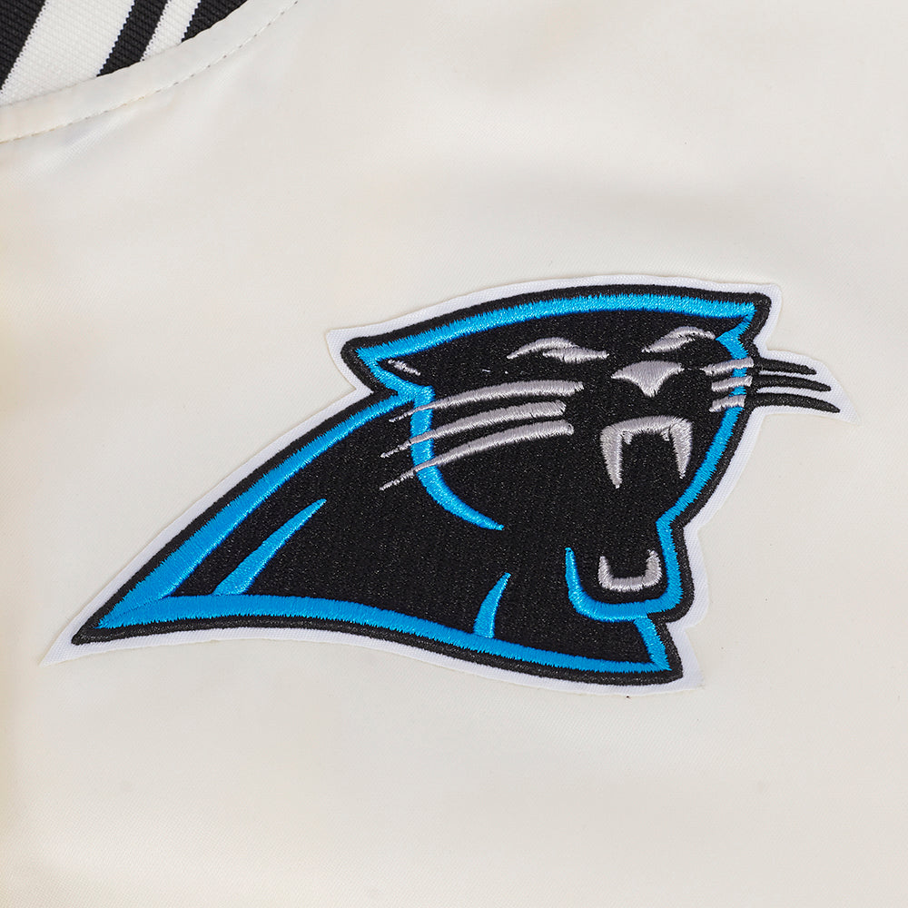 NFL CAROLINA PANTHERS RETRO CLASSIC BLOUSON EN SATIN À BORDS CÔTELÉS POUR FEMME (COQUILLE D'ŒUF/NOIR)