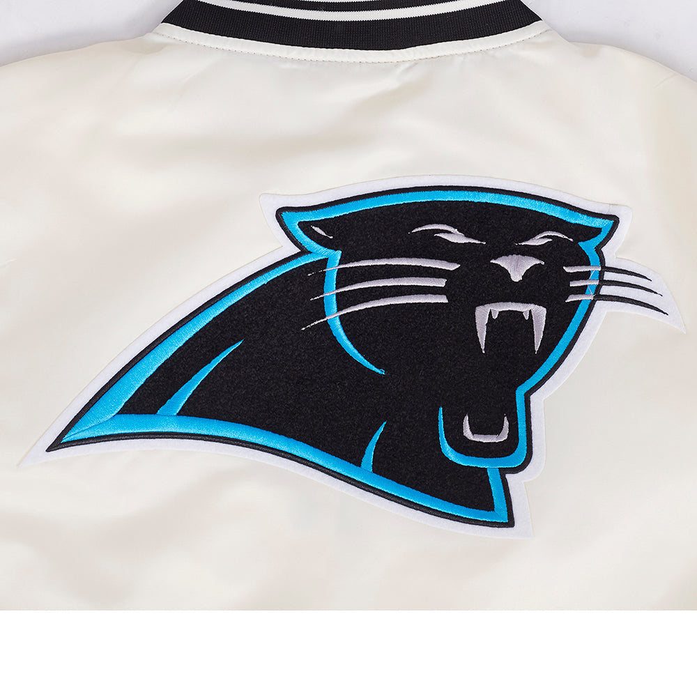NFL CAROLINA PANTHERS RETRO CLASSIC BLOUSON EN SATIN À BORDS CÔTELÉS POUR FEMME (COQUILLE D'ŒUF/NOIR)