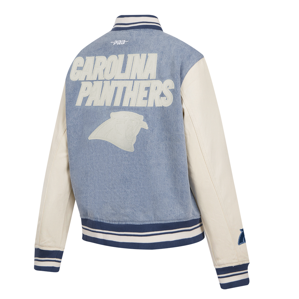 NFL CAROLINA PANTHERS VARSITY BLUES BLOUSON COLLÉGIAL EN DENIM POUR FEMME (DENIM/LIN)