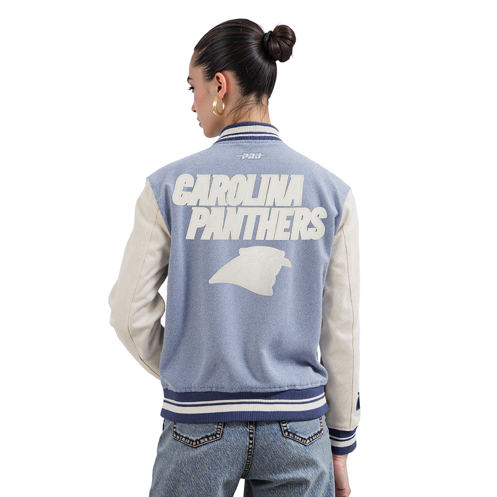 NFL CAROLINA PANTHERS VARSITY BLUES BLOUSON COLLÉGIAL EN DENIM POUR FEMME (DENIM/LIN)