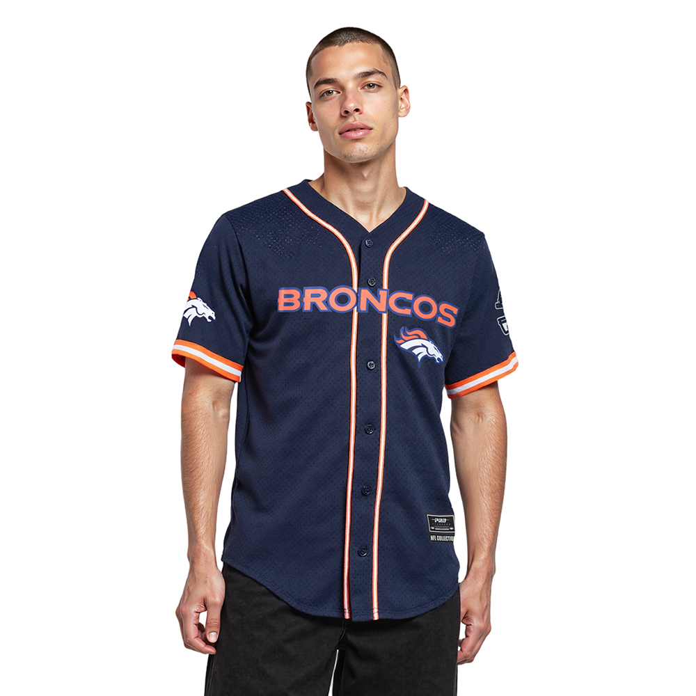 NFL DENVER BRONCOS LOGO MESH BUTTON UP SHIRT (MIDNIGHT NAVY/ORANGE)