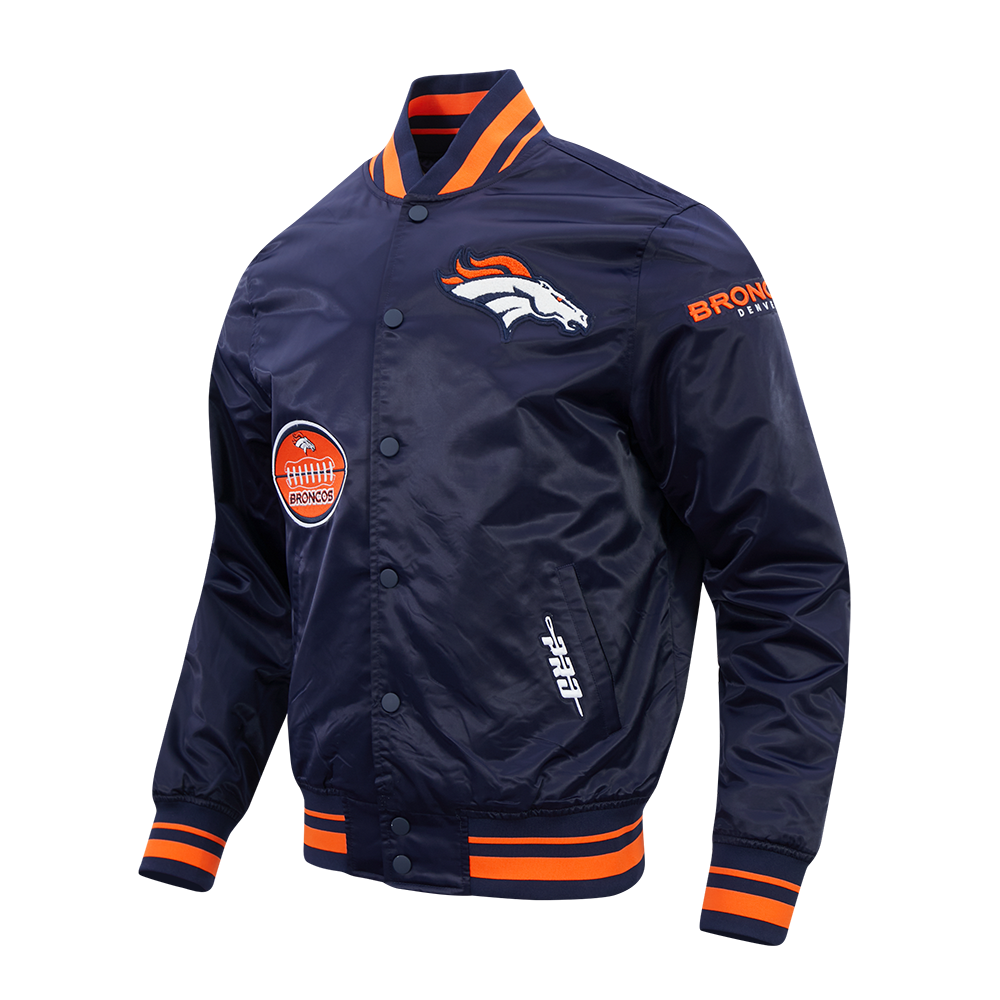 NFL DENVER BRONCOS OLD ENGLISH MEN'S RIB SATIN JACKET (MIDNIGHT NAVY/ORANGE/MIDNIGHT NAVY)