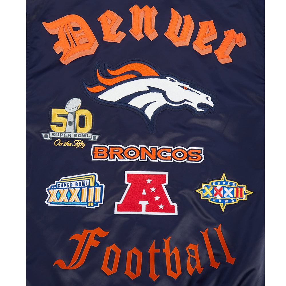 NFL DENVER BRONCOS OLD ENGLISH MEN'S RIB SATIN JACKET (MIDNIGHT NAVY/ORANGE/MIDNIGHT NAVY)
