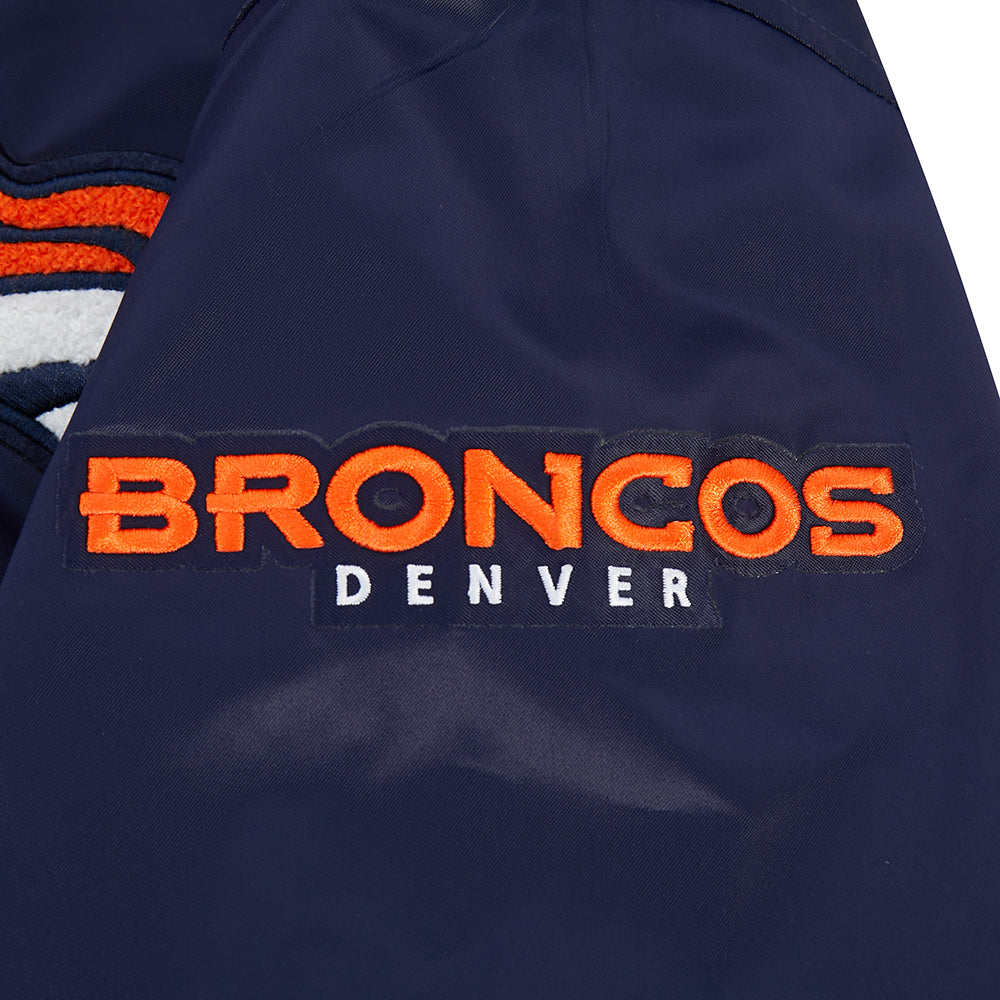 NFL DENVER BRONCOS OLD ENGLISH MEN'S RIB SATIN JACKET (MIDNIGHT NAVY/ORANGE/MIDNIGHT NAVY)