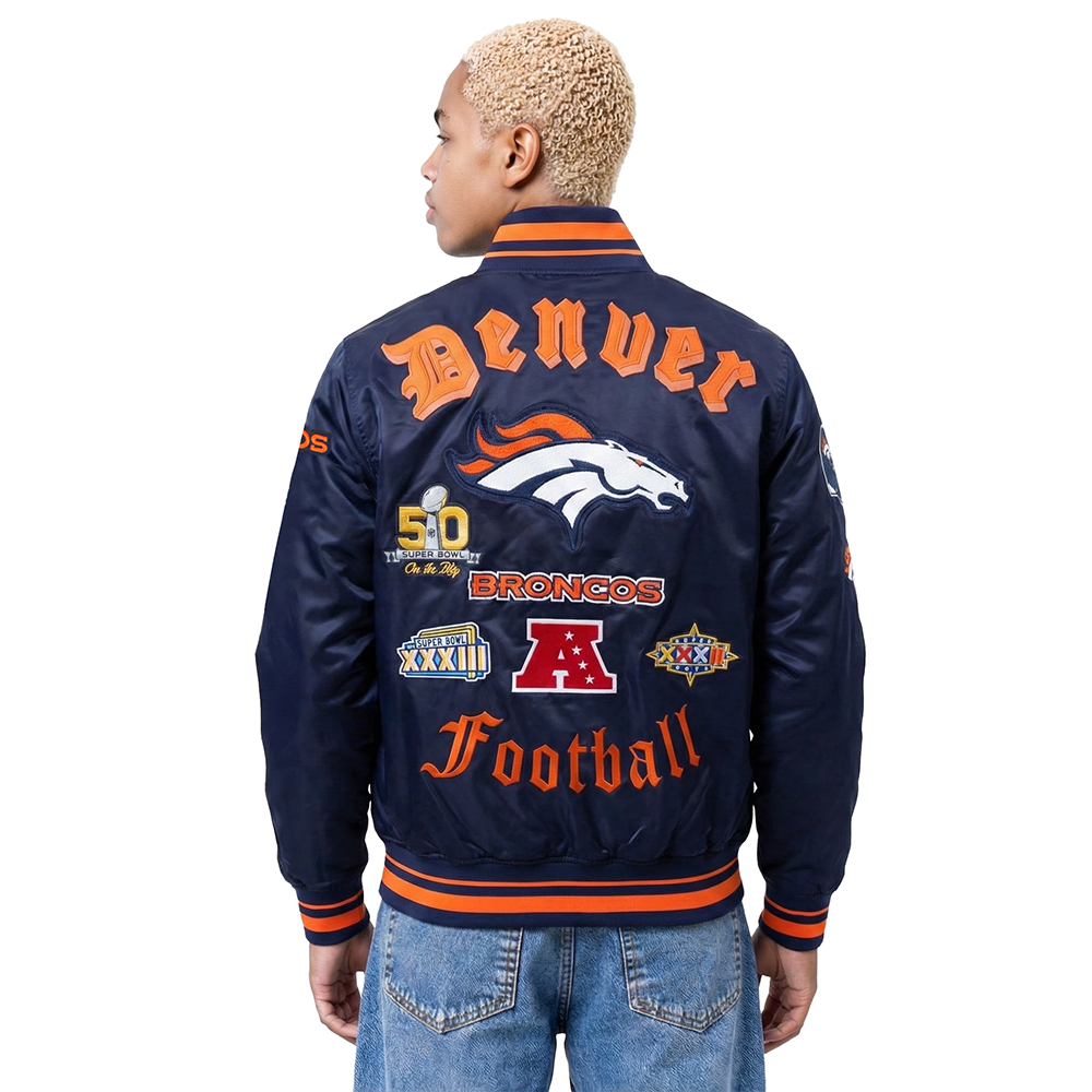 NFL DENVER BRONCOS OLD ENGLISH MEN'S RIB SATIN JACKET (MIDNIGHT NAVY/ORANGE/MIDNIGHT NAVY)