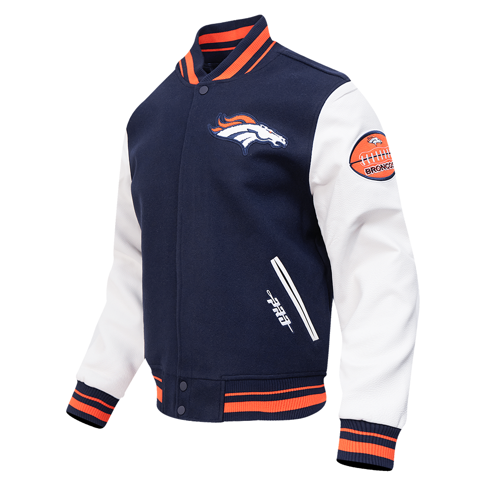 NFL DENVER BRONCOS OLD ENGLISH MEN'S RIB WOOL VARSITY JACKET (MIDNIGHT NAVY/ORANGE/MIDNIGHT NAVY)