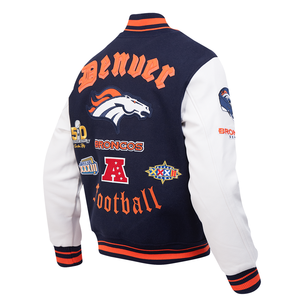 NFL DENVER BRONCOS OLD ENGLISH MEN'S RIB WOOL VARSITY JACKET (MIDNIGHT NAVY/ORANGE/MIDNIGHT NAVY)