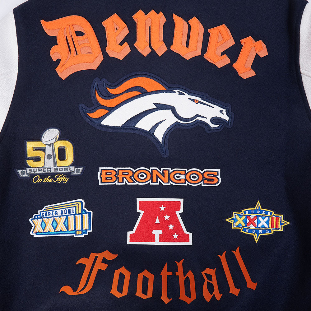 NFL DENVER BRONCOS OLD ENGLISH MEN'S RIB WOOL VARSITY JACKET (MIDNIGHT NAVY/ORANGE/MIDNIGHT NAVY)