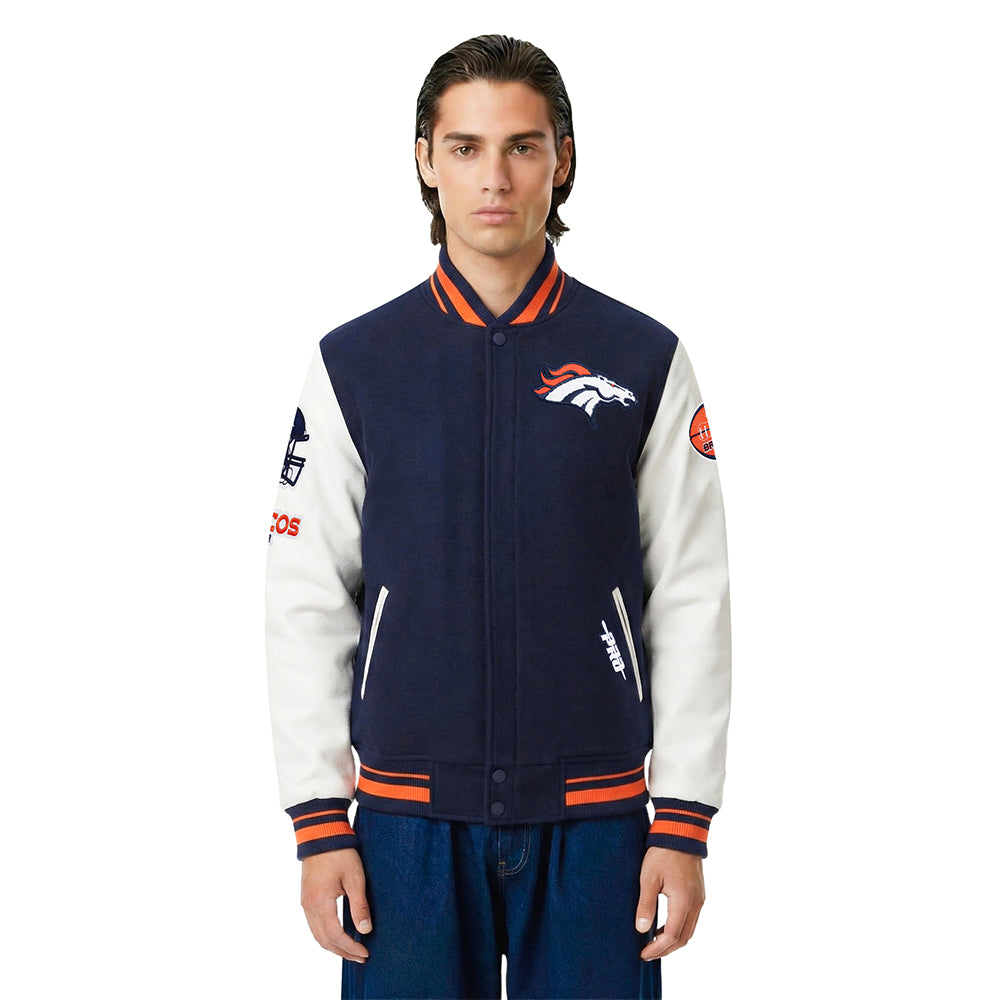NFL DENVER BRONCOS OLD ENGLISH MEN'S RIB WOOL VARSITY JACKET (MIDNIGHT NAVY/ORANGE/MIDNIGHT NAVY)
