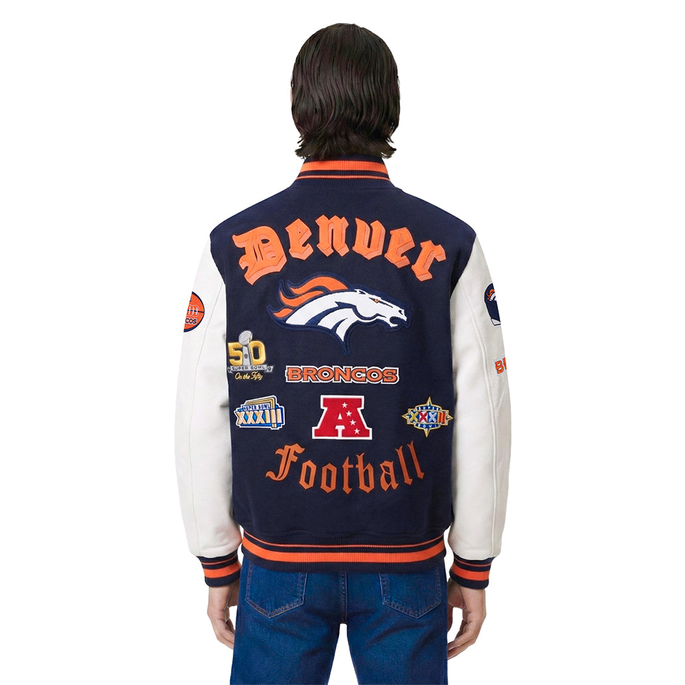 NFL DENVER BRONCOS OLD ENGLISH BLOUSON COLLÉGIAL EN LAINE À BORDS CÔTELÉS POUR HOMME (MARINE MINUIT/ORANGE/MARINE MINUIT)
