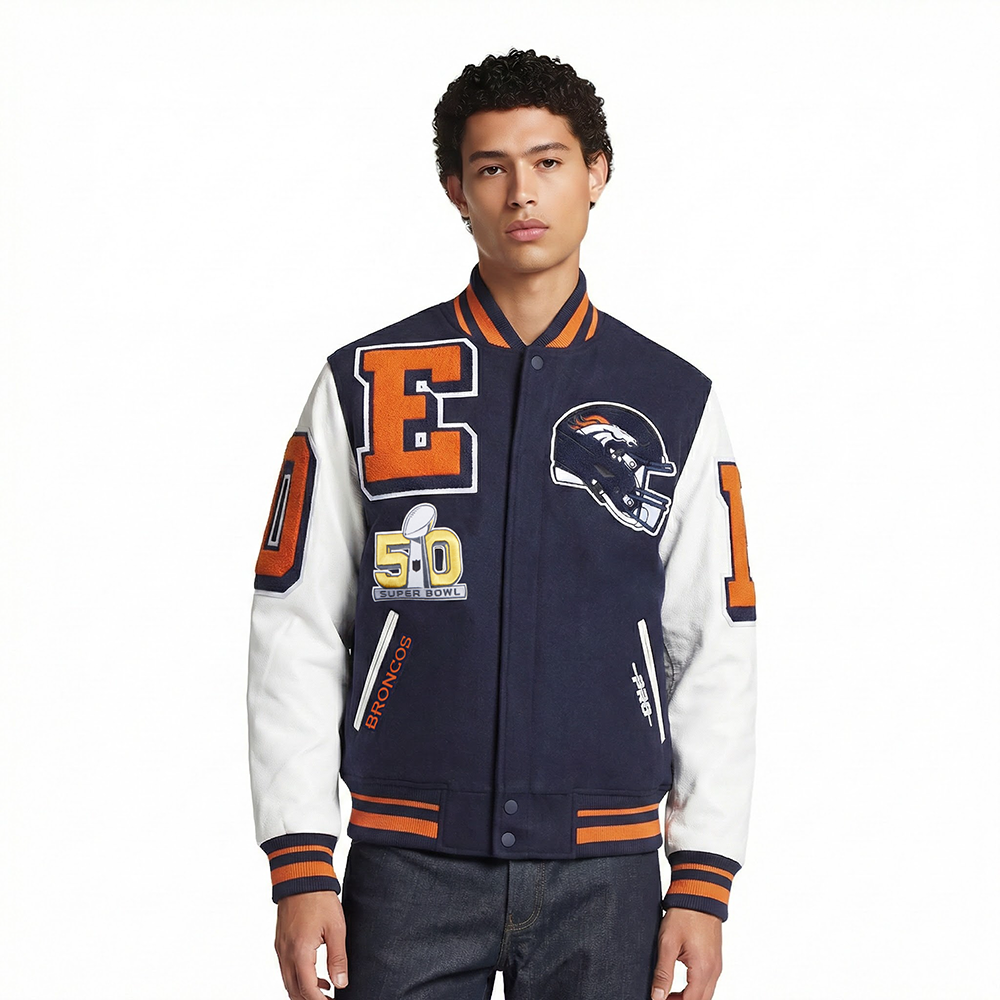 NFL DENVER BRONCOS MASH UP MEN'S RIB WOOL VARSITY JACKET (MIDNIGHT NAVY/ORANGE/MIDNIGHT NAVY)