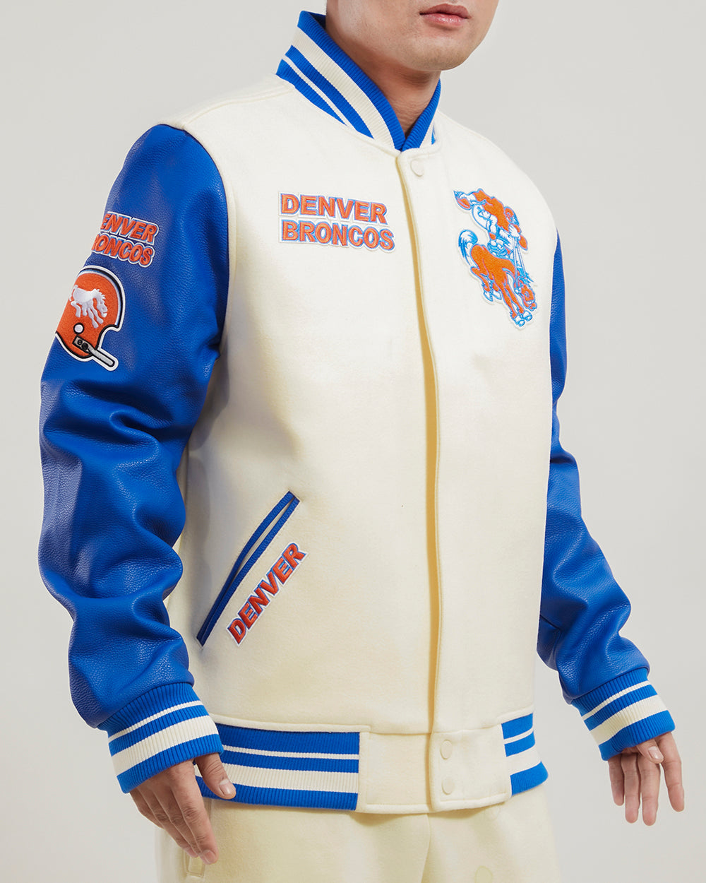 NFL DENVER BRONCOS RETRO CLASSIC MEN'S RIB WOOL VARSITY JACKET (EGGSHELL/ROYAL BLUE)