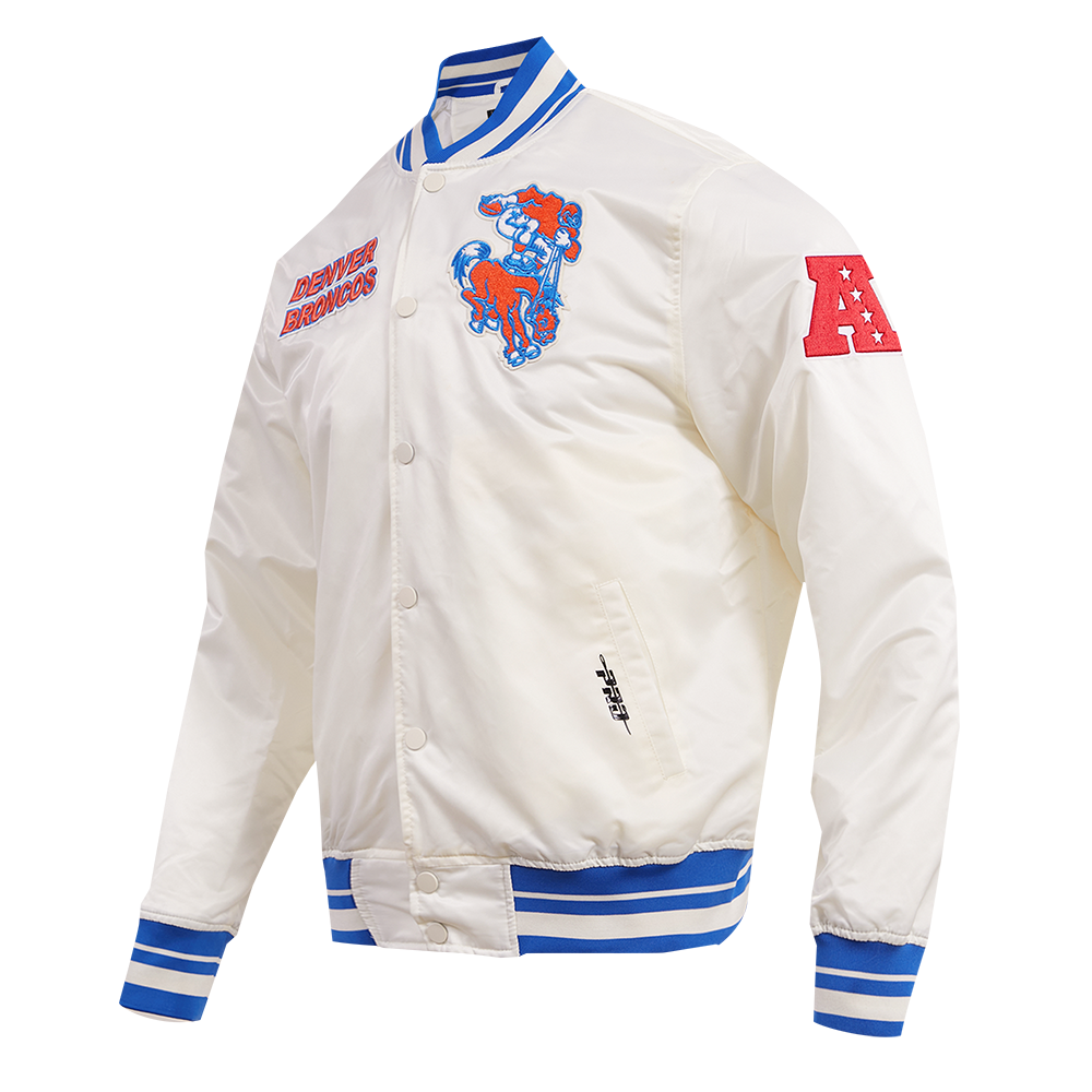 NFL DENVER BRONCOS RETRO CLASSIC MEN'S RIB SATIN JACKET (EGGSHELL/ ROYAL BLUE)
