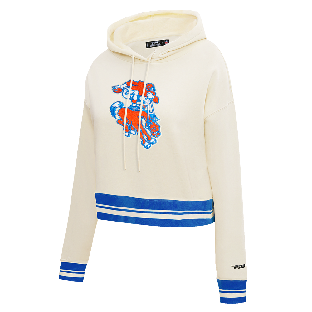 NFL DENVER BRONCOS RETRO CLASSIC WOMEN'S CROPPED PO HOODIE (EGGSHELL/ROYAL BLUE)