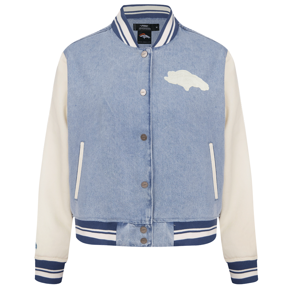 NFL DENVER BRONCOS VARSITY BLUES WOMEN'S DENIM VARSITY JACKET (DENIM/LINEN)