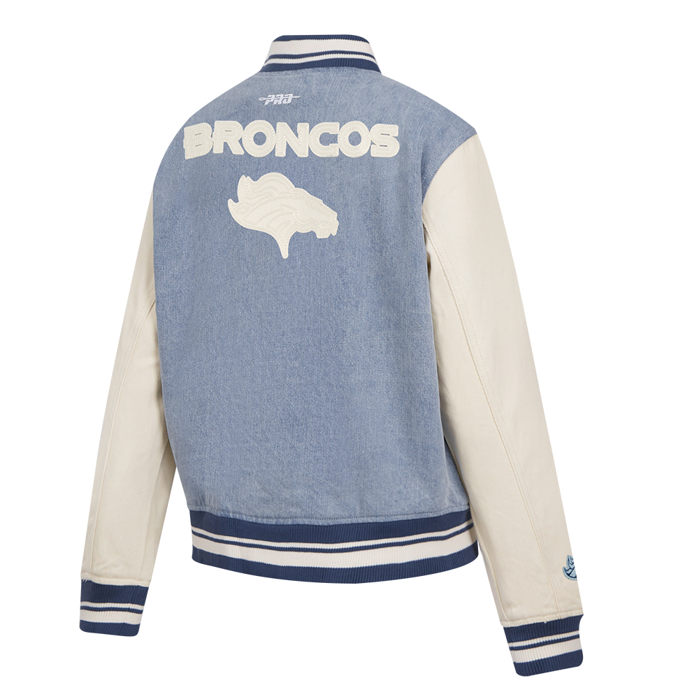 NFL DENVER BRONCOS VARSITY BLUES WOMEN'S DENIM VARSITY JACKET (DENIM/LINEN)
