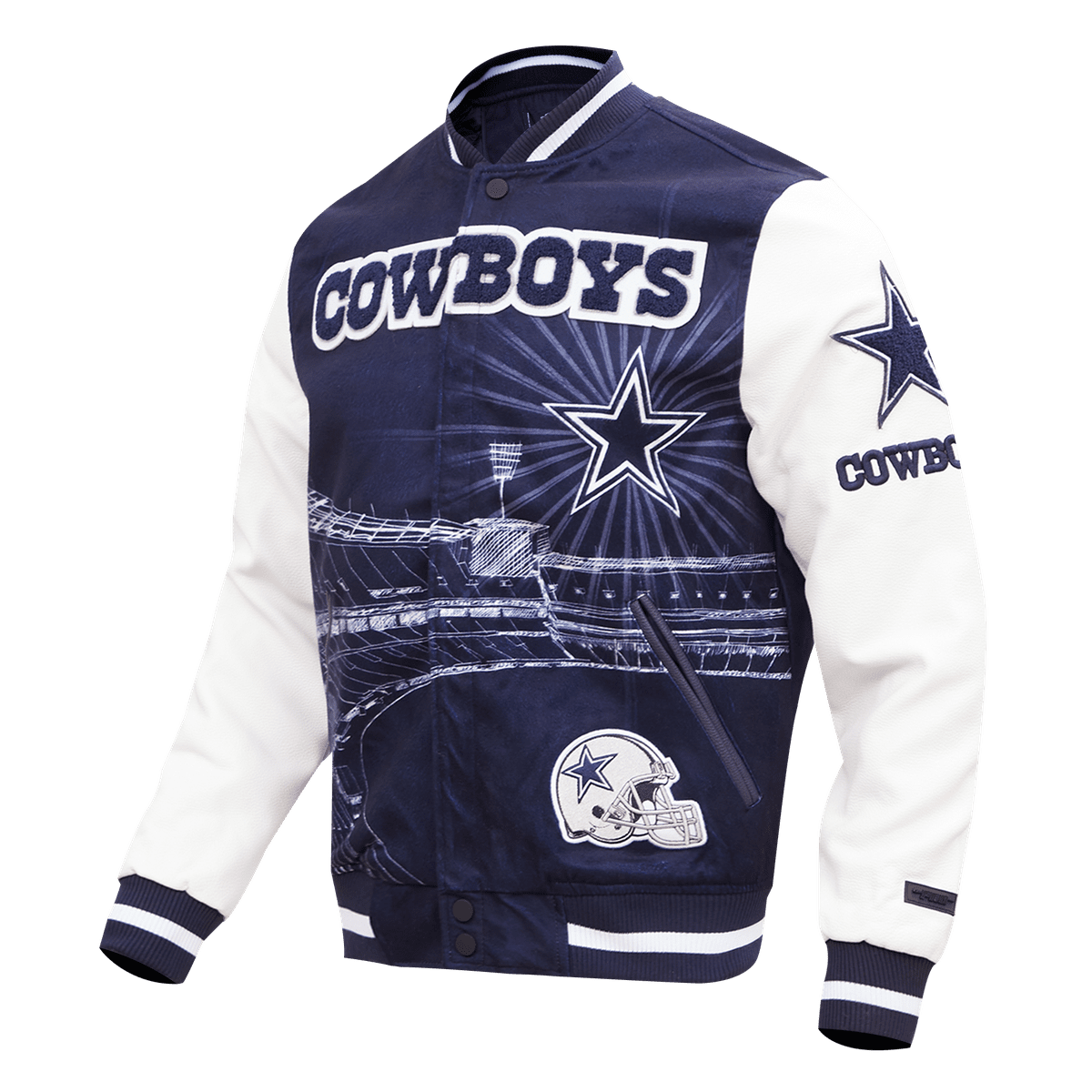 NFL DALLAS COWBOYS REMIX MEN'S VARSITY JACKET (MIDNIGHT NAVY/WHITE)