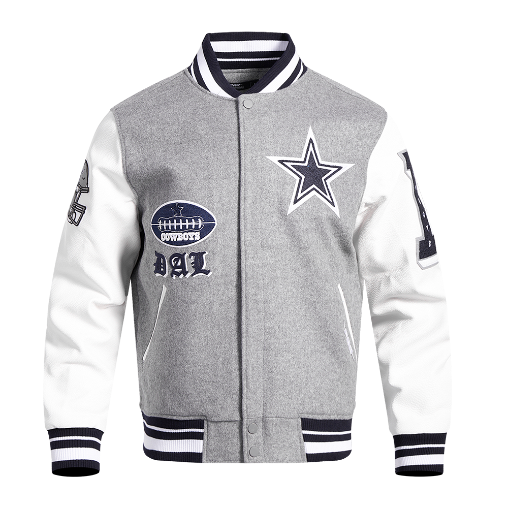 NFL DALLAS COWBOYS OLD ENGLISH MEN'S RIB WOOL VARSITY JACKET (HEATHER GREY/WHITE/MIDNIGHT NAVY)
