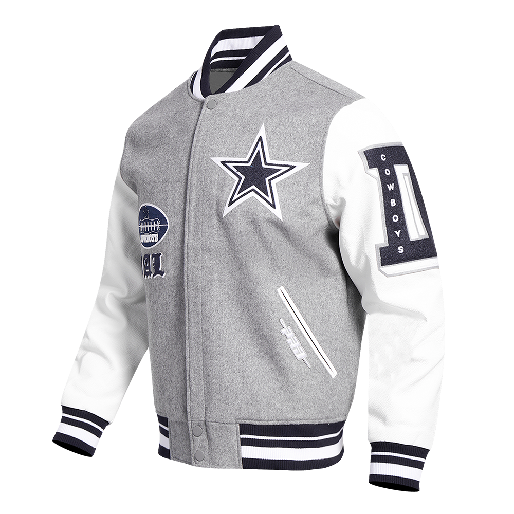 NFL DALLAS COWBOYS OLD ENGLISH MEN'S RIB WOOL VARSITY JACKET (HEATHER GREY/WHITE/MIDNIGHT NAVY)