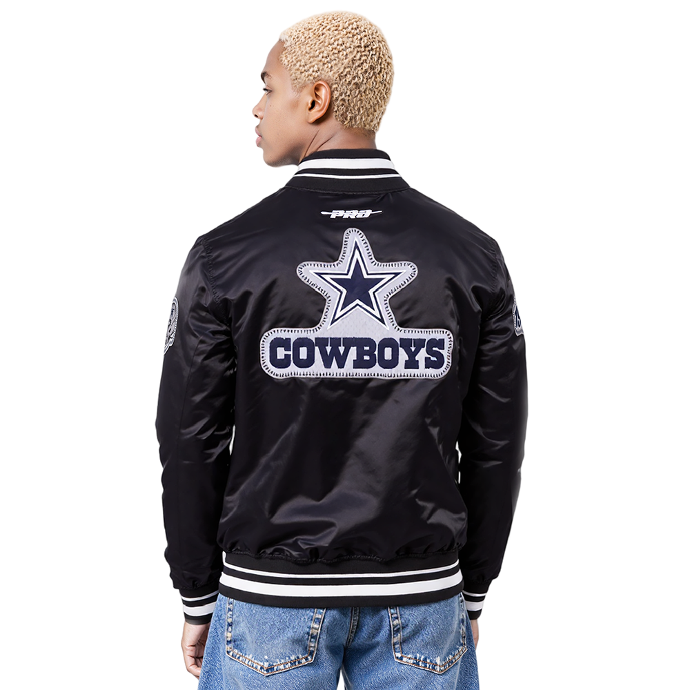 NFL DALLAS COWBOYS DIY PICK STITCH BLOUSON EN SATIN À BORDS CÔTELÉS POUR HOMME (NOIR)