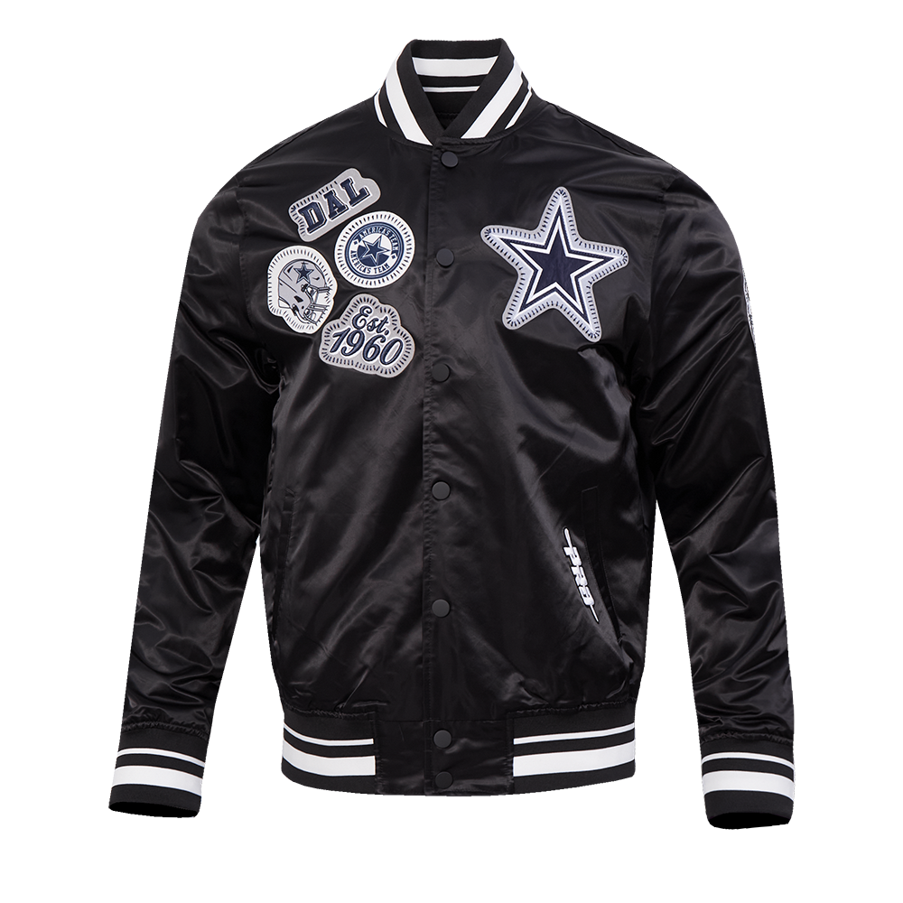 NFL DALLAS COWBOYS DIY PICK STITCH BLOUSON EN SATIN À BORDS CÔTELÉS POUR HOMME (NOIR)