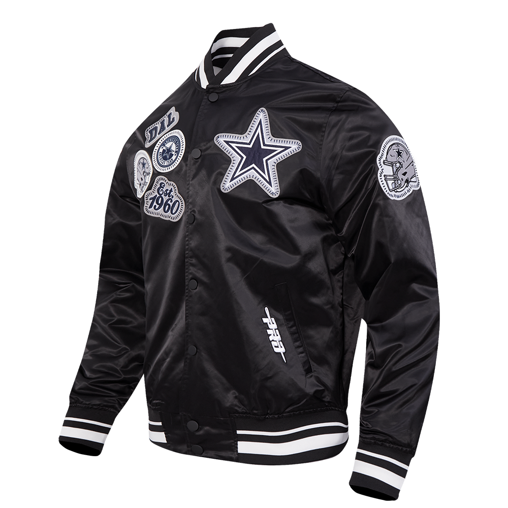 NFL DALLAS COWBOYS DIY PICK STITCH BLOUSON EN SATIN À BORDS CÔTELÉS POUR HOMME (NOIR)