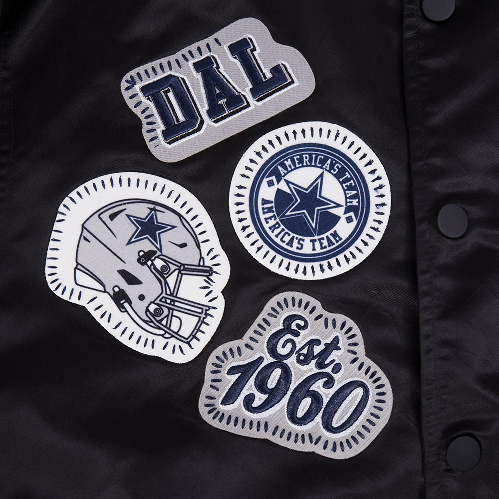 NFL DALLAS COWBOYS DIY PICK STITCH BLOUSON EN SATIN À BORDS CÔTELÉS POUR HOMME (NOIR)