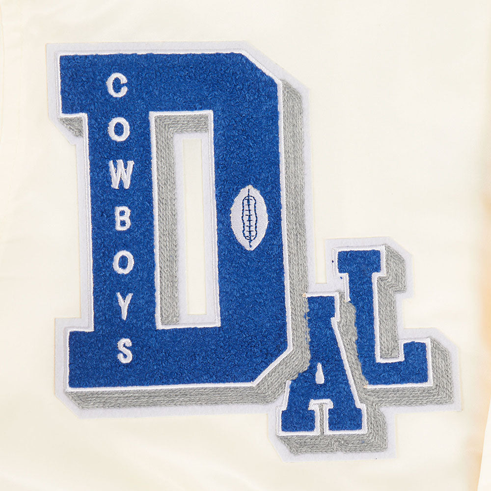 NFL DALLAS COWBOYS BEST OF BLOUSON EN SATIN À BORDS CÔTELÉS POUR HOMME (COQUILLE D'ŒUF/BLEU DODGER)