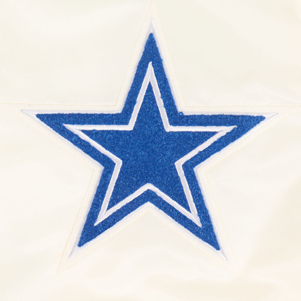 NFL DALLAS COWBOYS BEST OF BLOUSON EN SATIN À BORDS CÔTELÉS POUR HOMME (COQUILLE D'ŒUF/BLEU DODGER)
