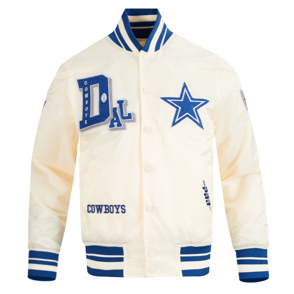 NFL DALLAS COWBOYS BEST OF BLOUSON EN SATIN À BORDS CÔTELÉS POUR HOMME (COQUILLE D'ŒUF/BLEU DODGER)