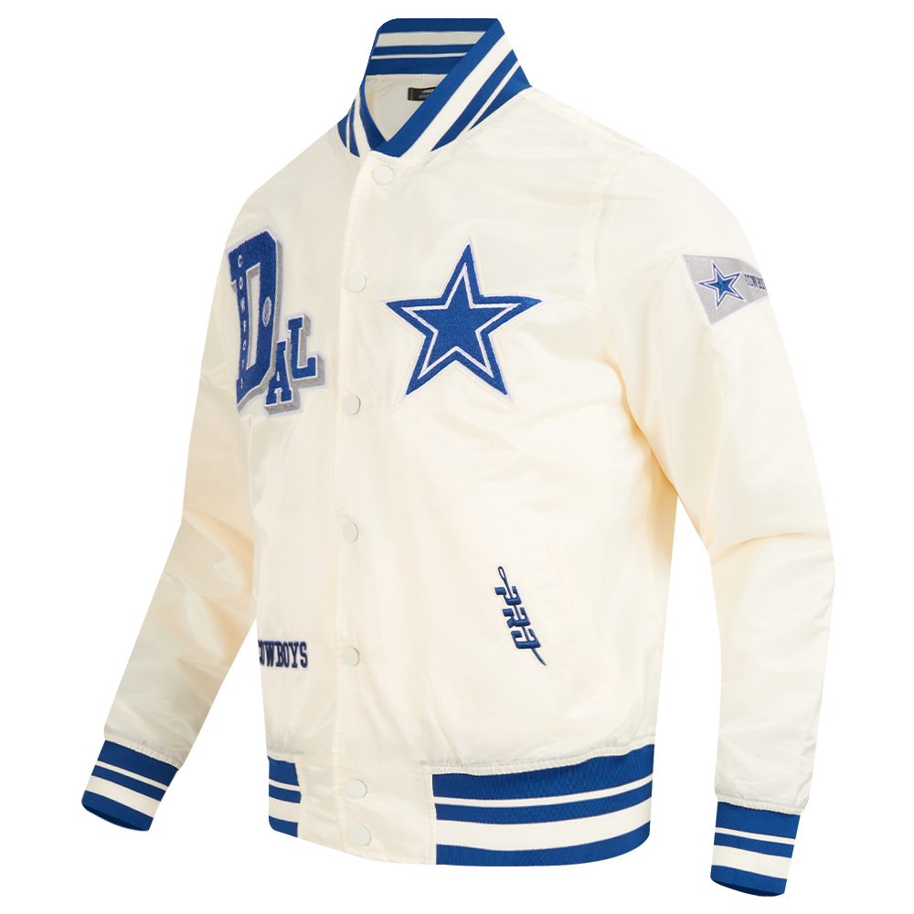 NFL DALLAS COWBOYS BEST OF BLOUSON EN SATIN À BORDS CÔTELÉS POUR HOMME (COQUILLE D'ŒUF/BLEU DODGER)