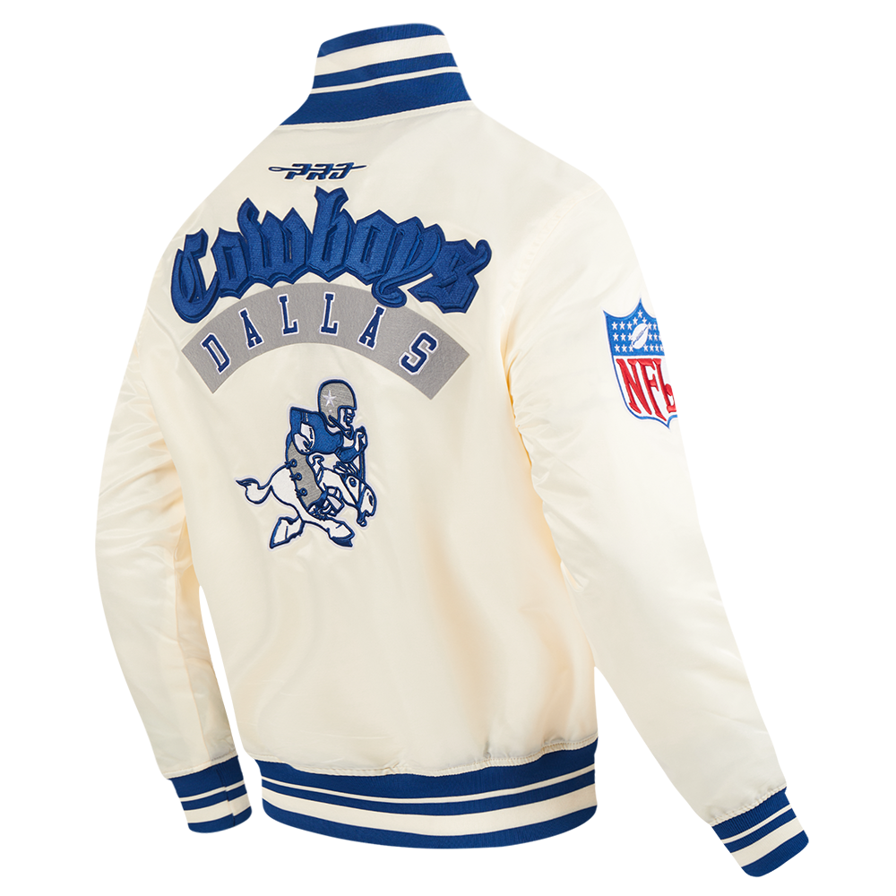 NFL DALLAS COWBOYS BEST OF BLOUSON EN SATIN À BORDS CÔTELÉS POUR HOMME (COQUILLE D'ŒUF/BLEU DODGER)