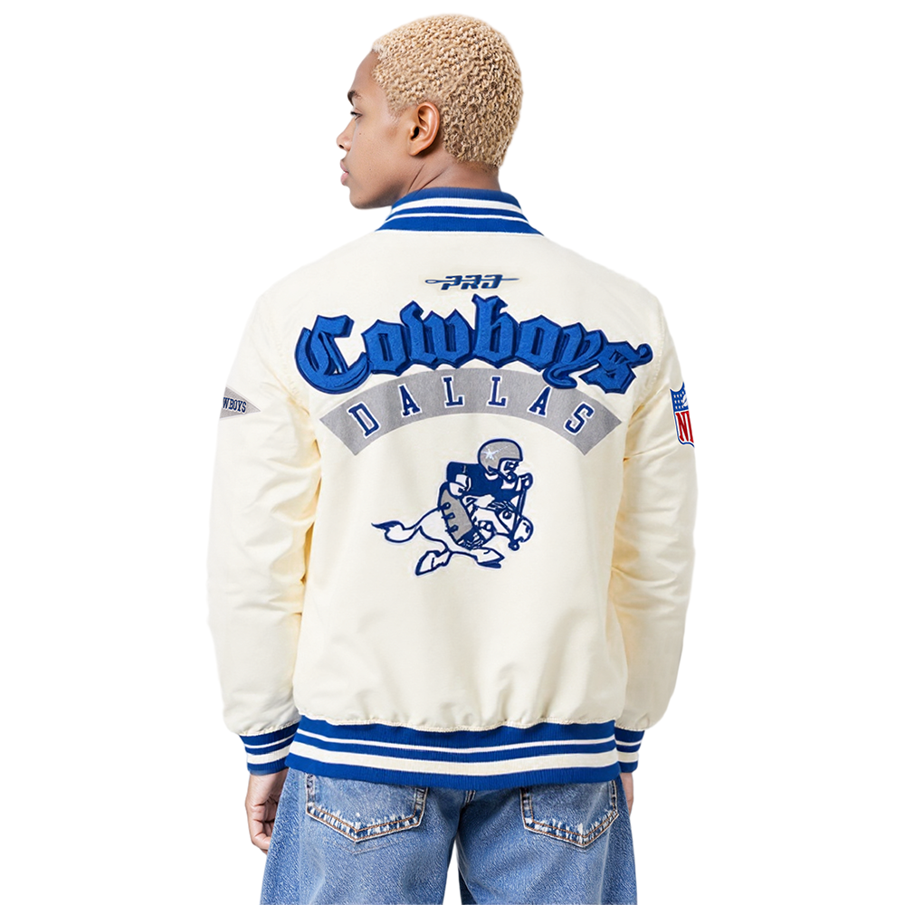 NFL DALLAS COWBOYS BEST OF BLOUSON EN SATIN À BORDS CÔTELÉS POUR HOMME (COQUILLE D'ŒUF/BLEU DODGER)