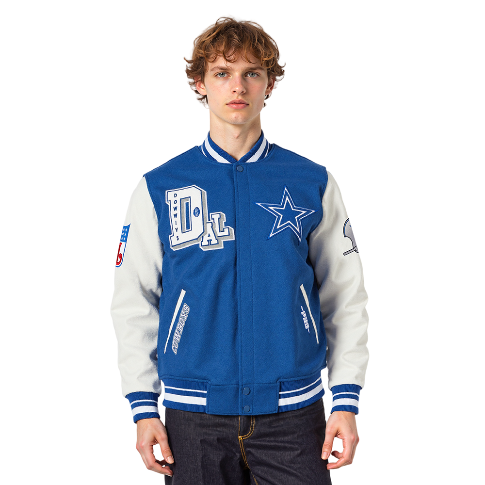NFL DALLAS COWBOYS BEST OF BLOUSON COLLÉGIAL EN LAINE À BORDS CÔTELÉS POUR HOMME (BLEU DODGER/BLANC)