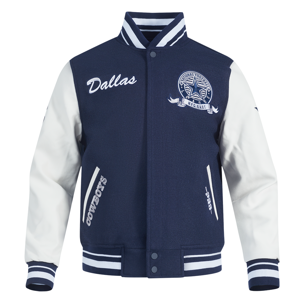 NFL DALLAS COWBOYS TEAM BADGE MEN'S RIB WOOL VARSITY JACKET (MIDNIGHT NAVY/WHITE)