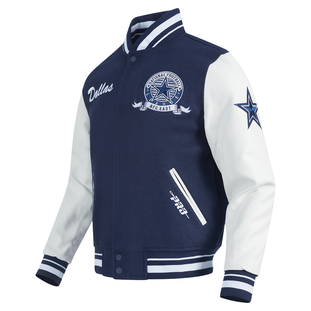 NFL DALLAS COWBOYS TEAM BADGE MEN'S RIB WOOL VARSITY JACKET (MIDNIGHT NAVY/WHITE)