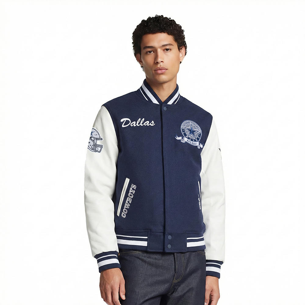 NFL DALLAS COWBOYS TEAM BADGE MEN'S RIB WOOL VARSITY JACKET (MIDNIGHT NAVY/WHITE)