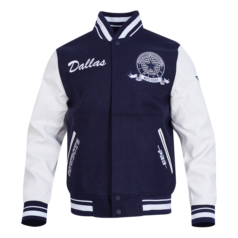 NFL DALLAS COWBOYS TEAM BADGE MEN'S RIB WOOL VARSITY JACKET (MIDNIGHT NAVY/WHITE)