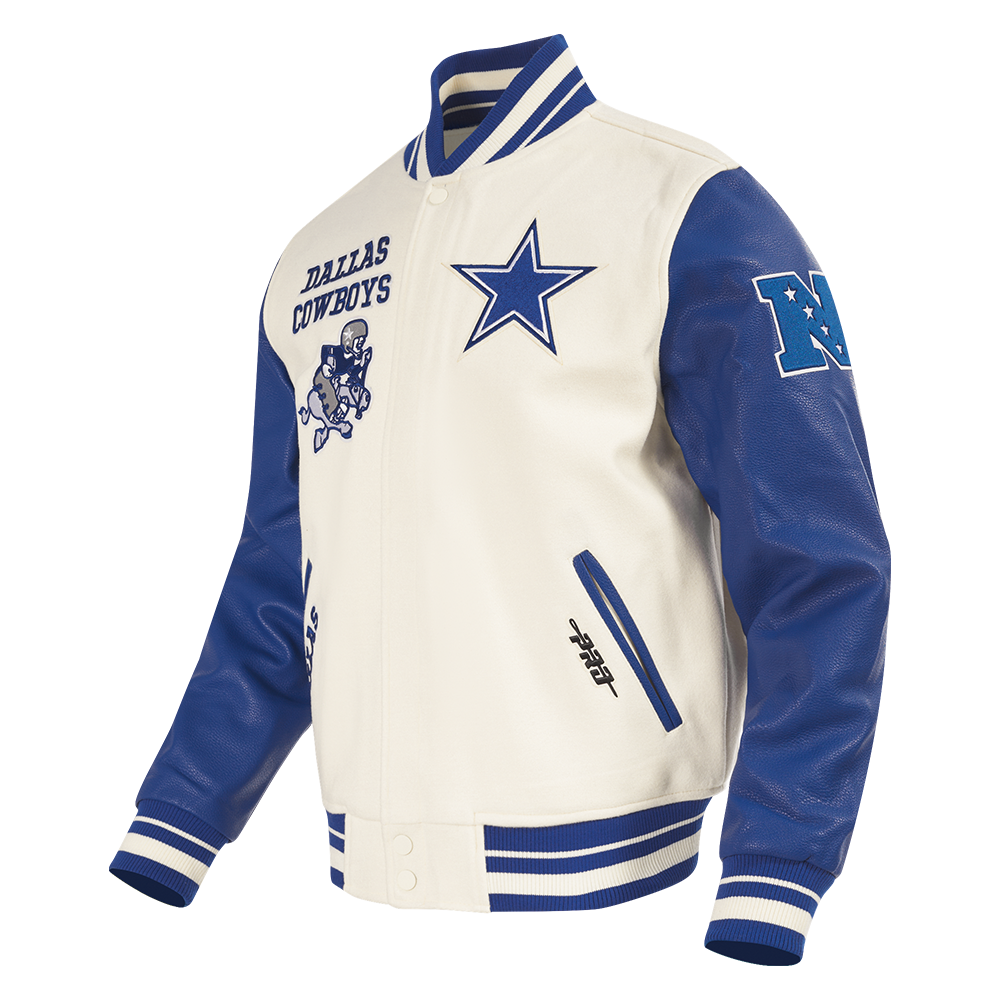 NFL DALLAS COWBOYS RETRO CLASSIC MEN'S RIB WOOL VARSITY JACKET (EGGSHELL/DODGER BLUE)