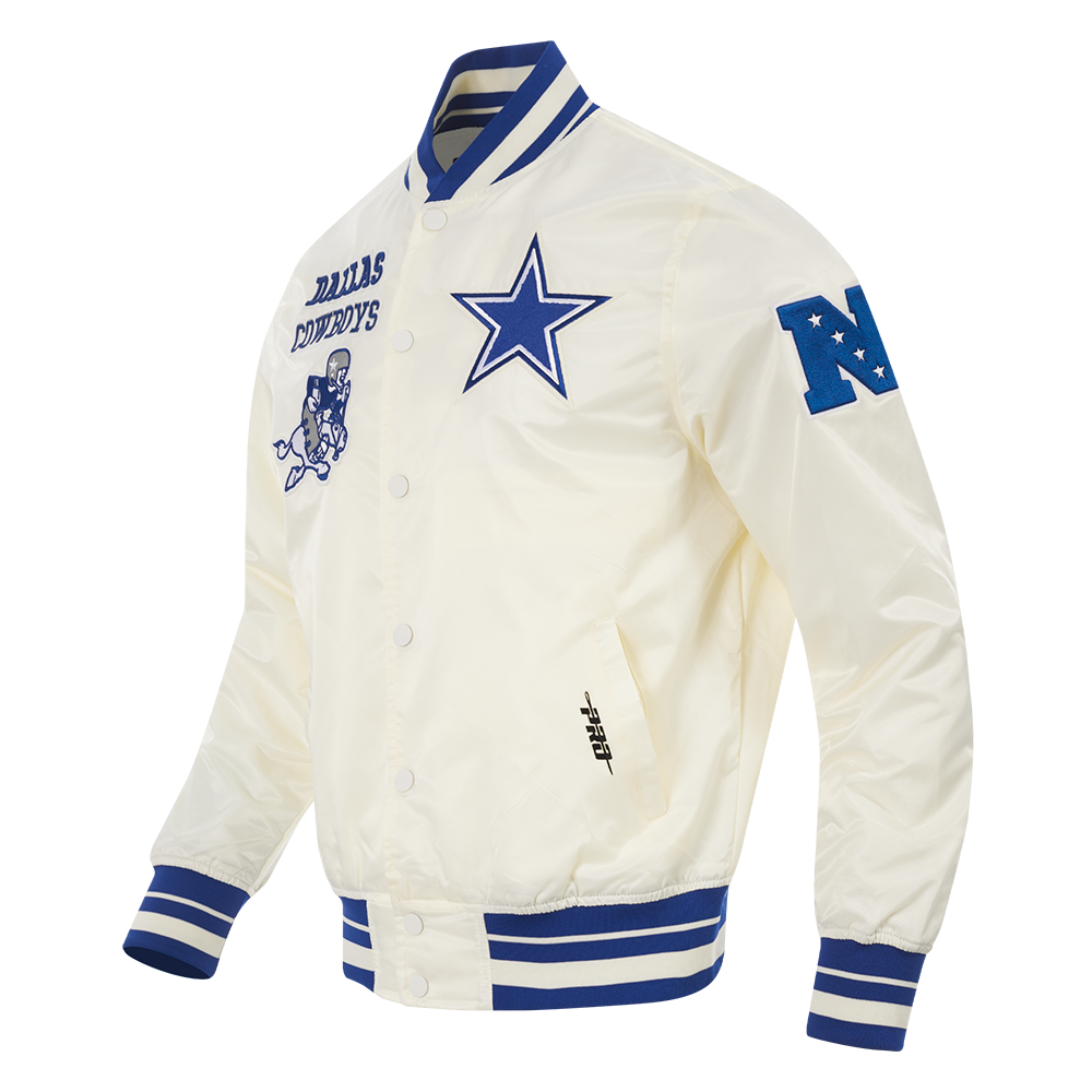 NFL DALLAS COWBOYS RETRO CLASSIC MEN'S RIB SATIN JACKET (EGGSHELL/DODGER BLUE)